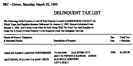 [Bill & Mary Matthews Late Property Tax Public Notice]